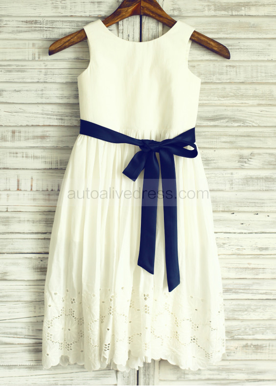 Ivory Cotton Eyelet Lace Flower Girl Dress with Navy Blue Sash 